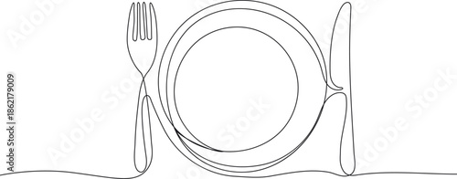 Minimalist single continuous line drawing of a dining place setting with cutlery and plate