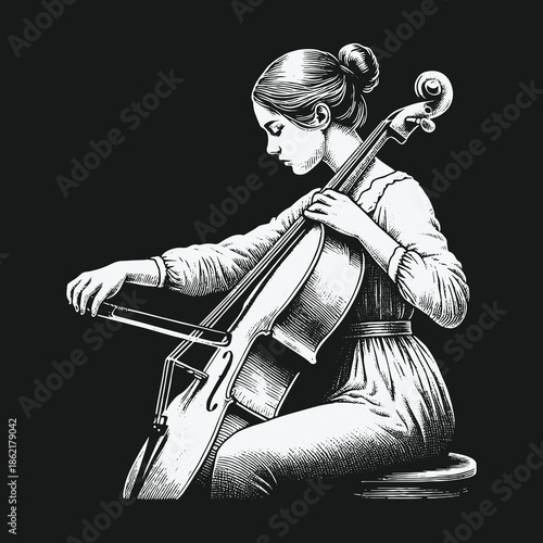 Elegant female cellist playing a classical string instrument.