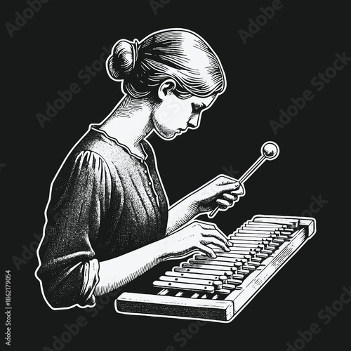 Monochrome artistic illustration of a woman playing a glockenspiel.