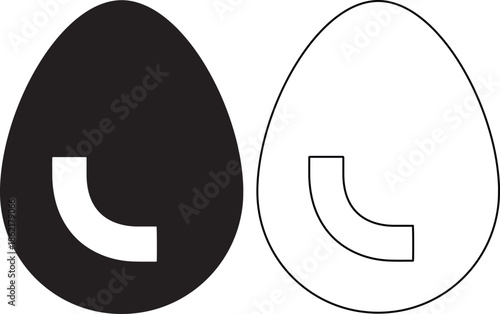 Title: Chicken egg icon vector illustration set featuring a black silhouette and linear outline symbol representing fresh breakfast food, healthy protein and farming poultry product.