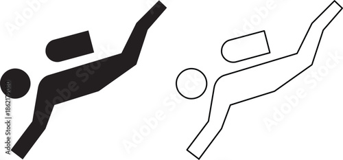 Scuba diver icon vector illustration set featuring a black silhouette and linear outline symbol representing underwater swimming, deep sea exploration and ocean water sports.