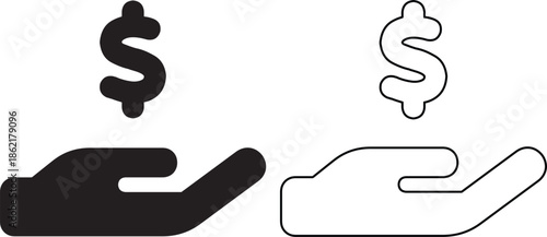 Vector icon set of hands holding floating dollar signs featuring solid and outline styles representing finance, payment, salary, earnings and investment on white background.