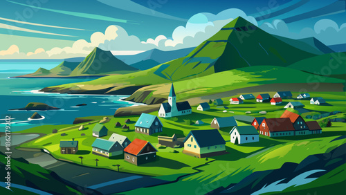 Very beautiful green summer aerial view of Kirkjubøur village with Hestur Island behind, Faroe Islands, Denmark, highlighting untouched nature, fresh air, and serene Nordic landscapes.