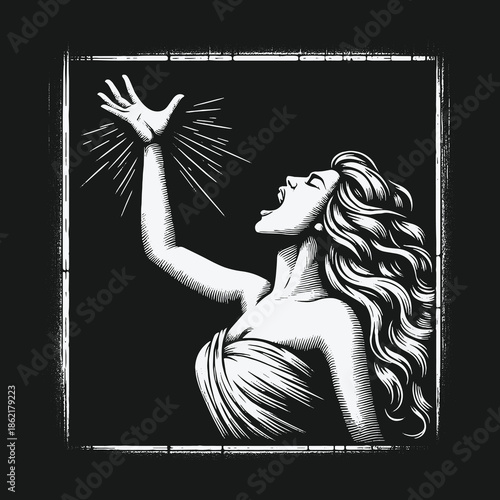 Vintage black and white illustration of a woman screaming with power.