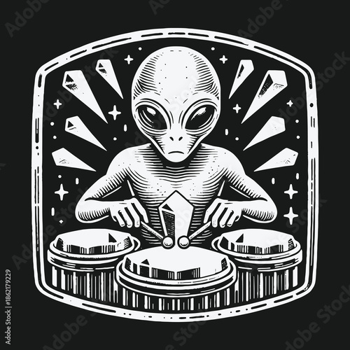 Monochrome illustration of a grey alien playing bongo drums in space.