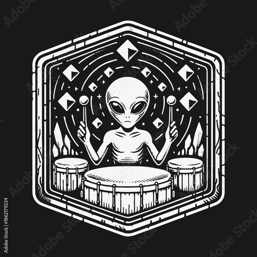 Monochrome illustration of an alien drummer playing a cosmic beat.