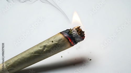 A close up of a lit cannabis joint with smoke rising