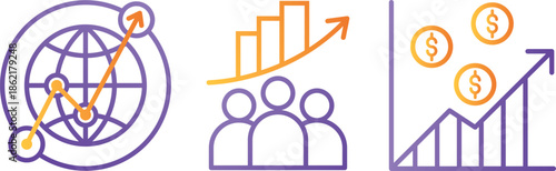 Business and finance growth icons set, including global market, team success, and financial charts