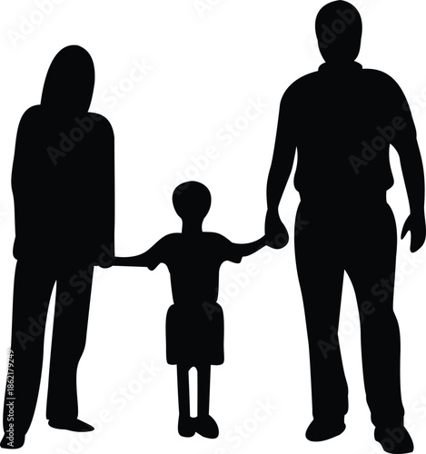 Happy Family Hold Hands Walking Together with Child, Family Icon Silhouette Vector Illustration