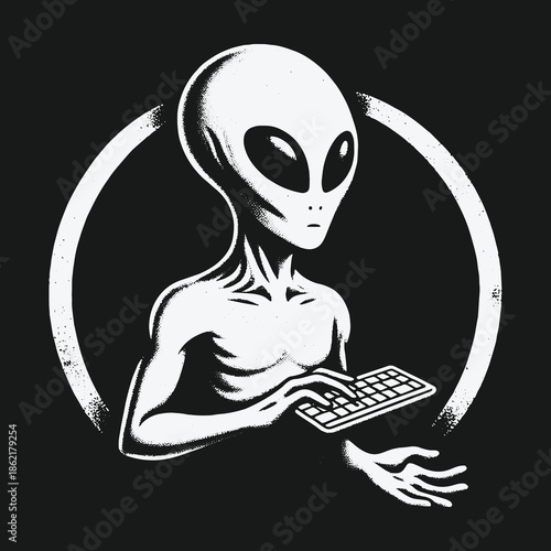 Monochrome illustration of a grey alien typing on a keyboard.
