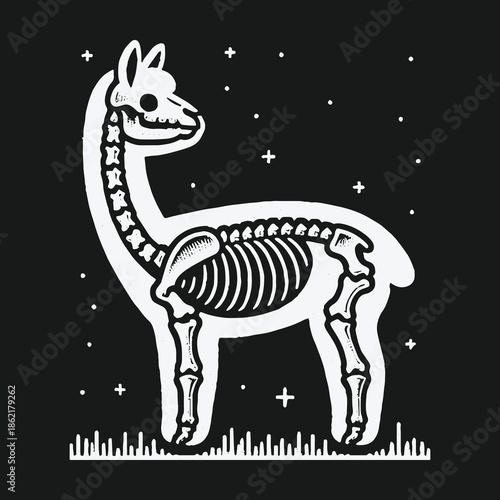 Cute Spooky Llama Skeleton X Ray Cartoon Illustration.