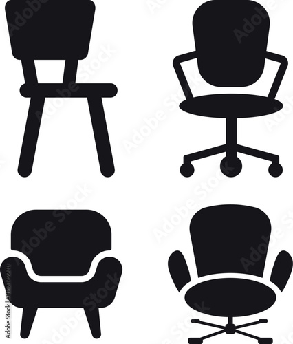 A set of four black silhouettes representing different types of chairs 