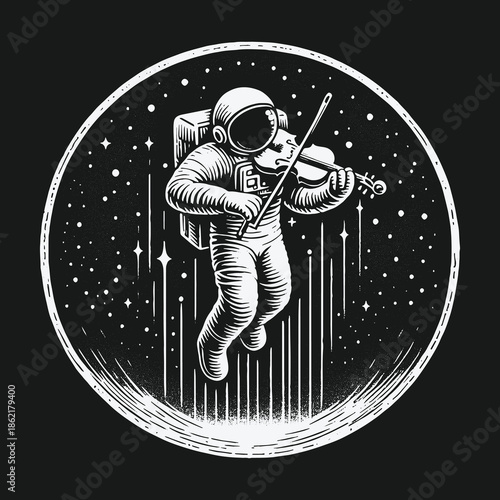 Astronaut musician playing the violin in outer space illustration.
