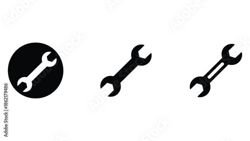  Wrench tool icon set in solid and outline style isolated on white background, spanner and repair symbols for maintenance, settings, mechanic services, and ui design use