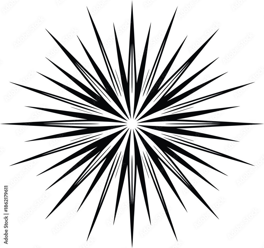 Fototapeta premium Black Starburst Vector Graphic Icon with Sharp Radiating Lines on White Background Symbol...