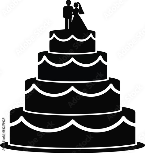 Tiered Wedding Cake Silhouette Icon with Topper, Elegant Vector Graphic for Marriage Celebrations and Bakeries