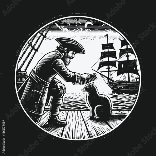Vintage woodcut illustration of a pirate sailor petting a cat on a ship deck.