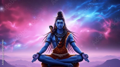 Meditating spiritual figure in deep meditation vibrant colors in dynamic sky serene mountain setting peaceful posture ethereal energy and cosmic background