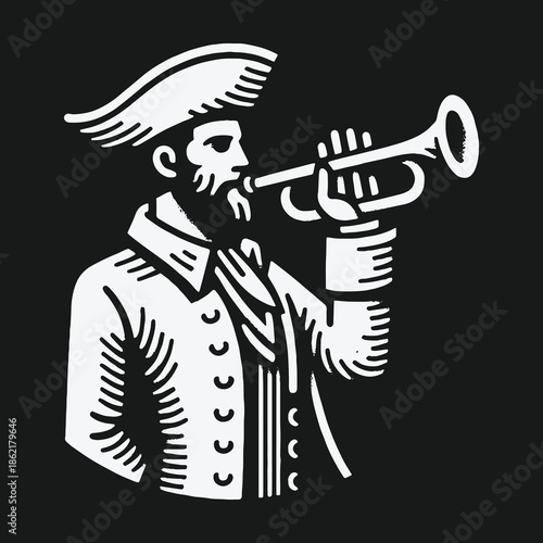 Vintage black and white illustration of a colonial man blowing a trumpet.