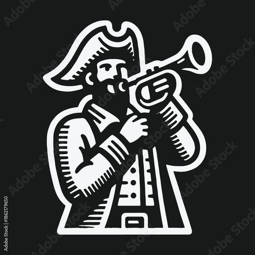 Vintage monochrome illustration of a colonial man blowing a trumpet.