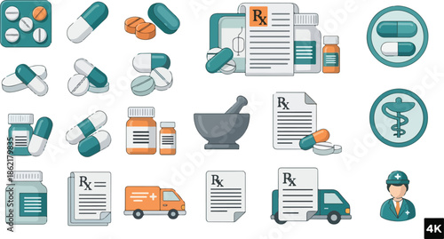 Flat lay composition of various medical icons and pharmaceutical symbols arranged on a white background with a mix of orange, teal, and gray colors.
