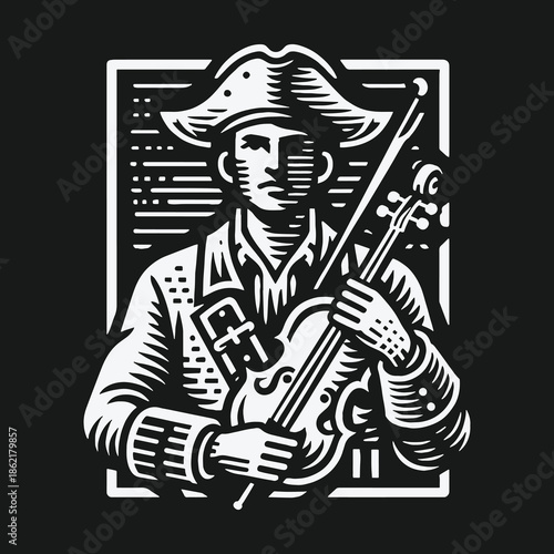 Colonial musician with a violin in a vintage woodcut style illustration.