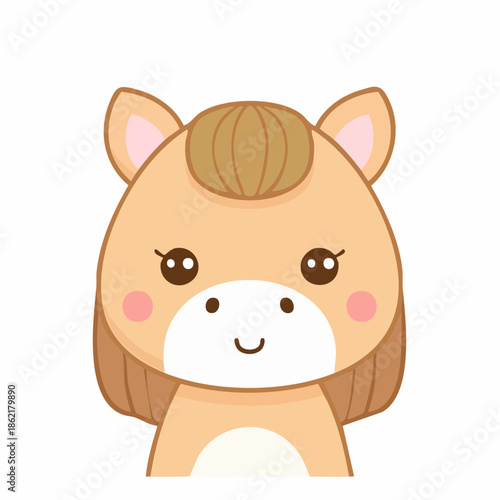 Cute kawaii-style horse half with smiling face, pastel colours, thick outline, soft rounded vector shapes on white background