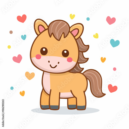 Cute kawaii-style horse half with smiling face, pastel colours, thick outline, soft rounded vector shapes on white background
