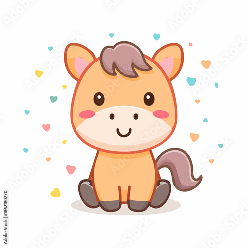 Cute kawaii-style horse half with smiling face, pastel colours, thick outline, soft rounded vector shapes on white background
