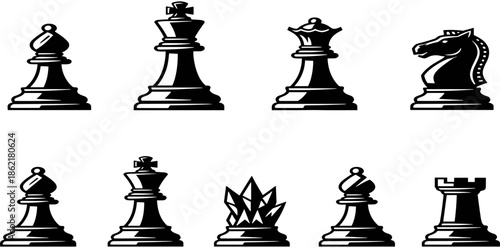 Set of black and white vector chess pieces including king queen knight bishop and rook icons for strategy and gaming,