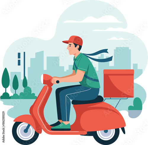 Delivery Man Riding Red Scooter Vector Graphic Illustration with Cityscape Background and Package