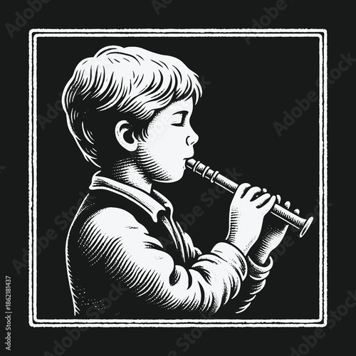 Vintage woodcut illustration of a young boy playing the recorder.