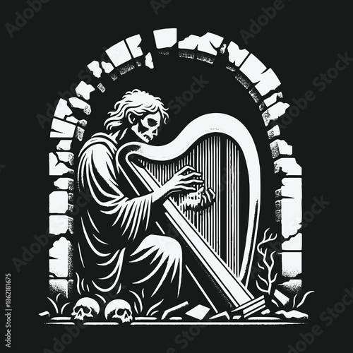 Dark Fantasy Skeleton Harpist Playing a Melancholy Song in a Ruined Crypt.
