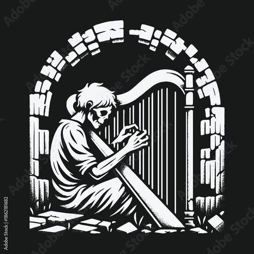Gothic illustration of a skeleton harpist in an archway.