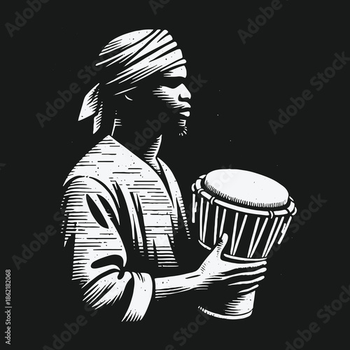 Black and white woodcut style illustration of a man holding a djembe drum.