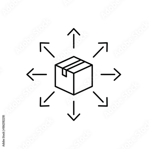 A black line drawing of a box with arrows pointing in all directions