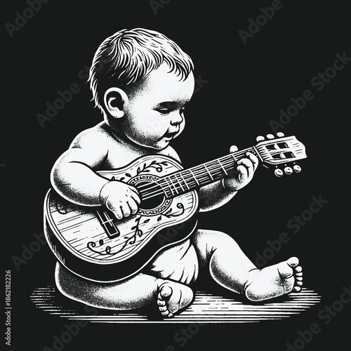 Adorable baby musician playing a small acoustic guitar illustration.