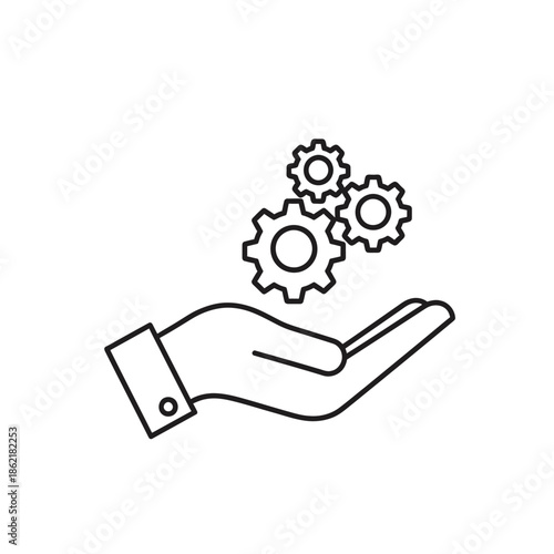 A hand with gears coming out of it in a line drawing style