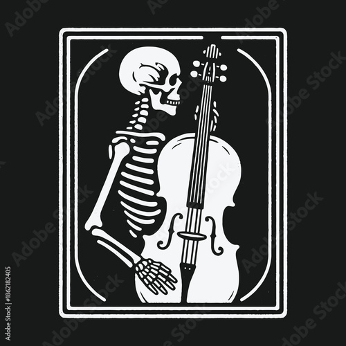 Monochrome graphic illustration of a skeleton playing a cello.