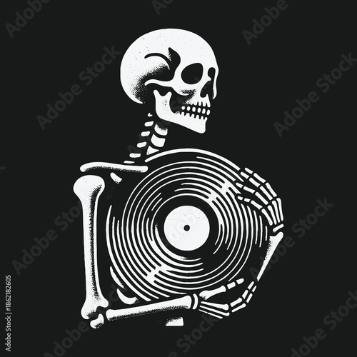 Monochrome illustration of a skeleton holding a vinyl LP record.