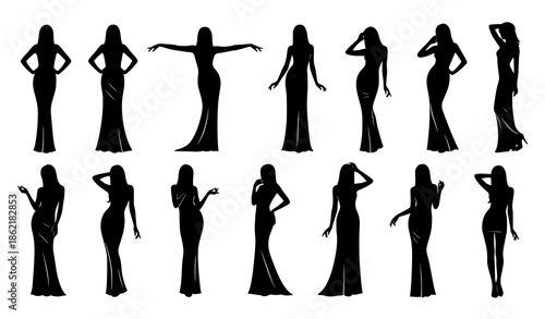 Fashion female silhouettes set stylish model poses vector