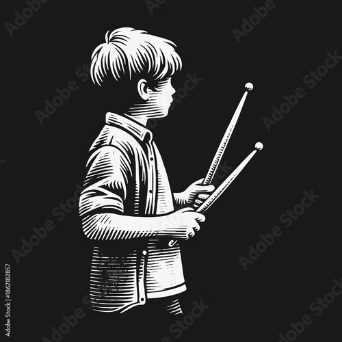 Vintage engraving style illustration of a young boy holding drum sticks.