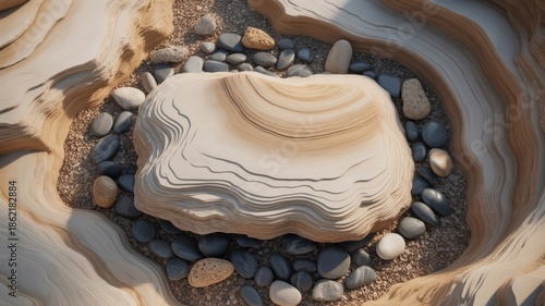 Minimalist sandstone display podium surrounded by river pebbles. Natural textured background for product, zen and organic style