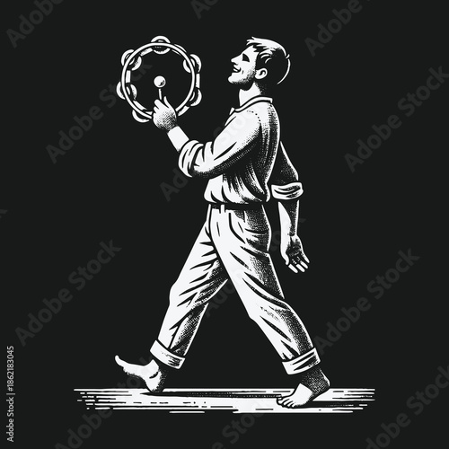 A smiling man in simple clothes walks and plays a tambourine.