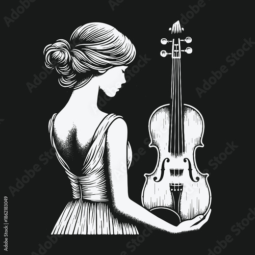 Elegant woman in a backless dress holding a violin illustration.