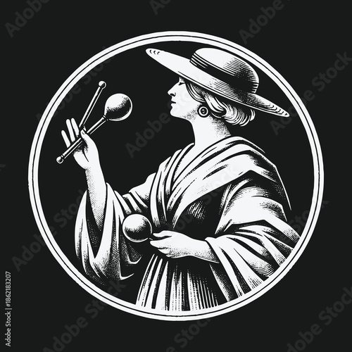 Vintage black and white illustration of a woman playing maracas.