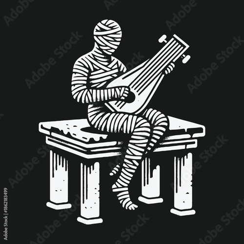 Monochrome illustration of an ancient mummy playing a lute.
