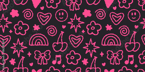 Seamless neon pink doodle pattern on black with hearts, flowers, stars, rainbows, bows, cherries and smiley faces. Retro party vibe for wallpapers, textiles, packaging, stationery and posts online ad.