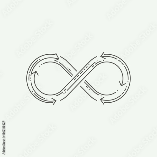 A minimalist line art illustration of the infinity symbol with arrows indicating a continuous loop.