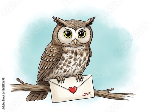 Valentine's day owl holding heart envelope for love and romance